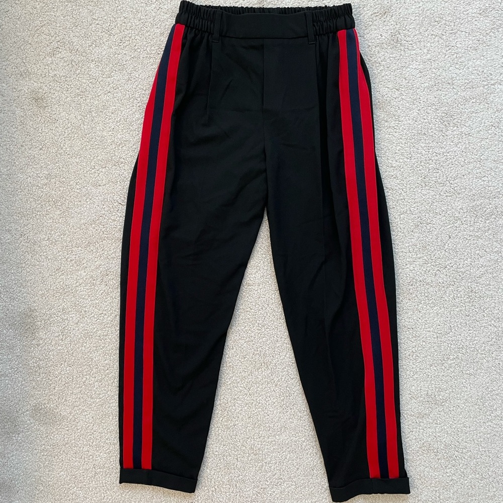 Black Sporty Jogger Style Pant with Red and Navy Stripe on the Side